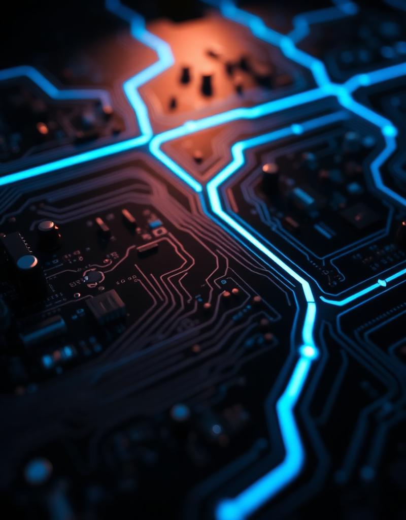 Macro shot of a circuit board with glowing blue signal paths
